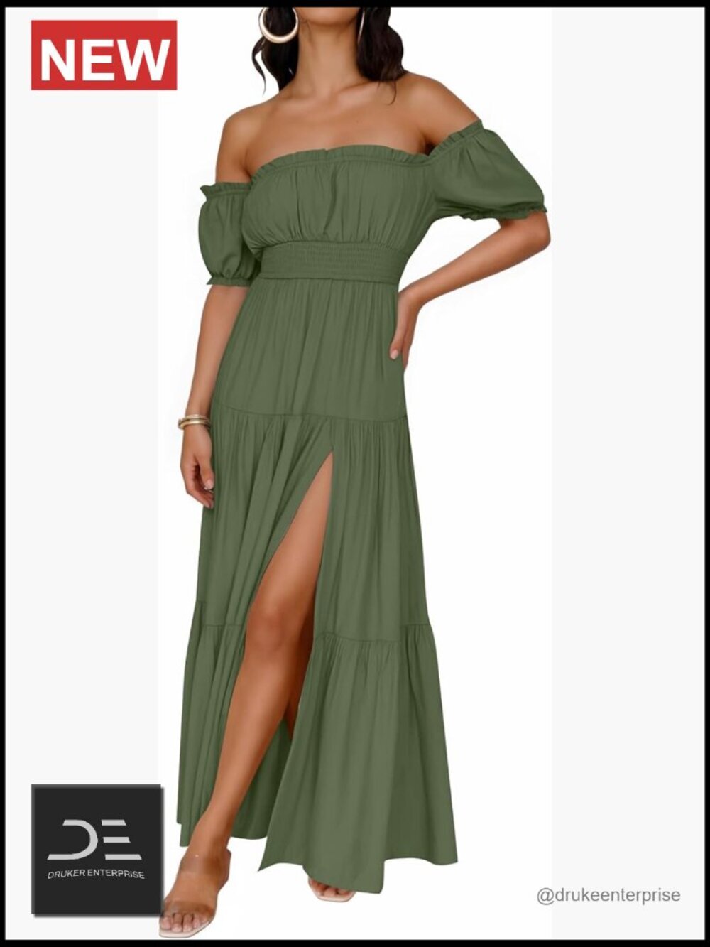 Boho Off Shoulder Wedding Guest Maxi Dress with Pockets Side Split Flowy A Line